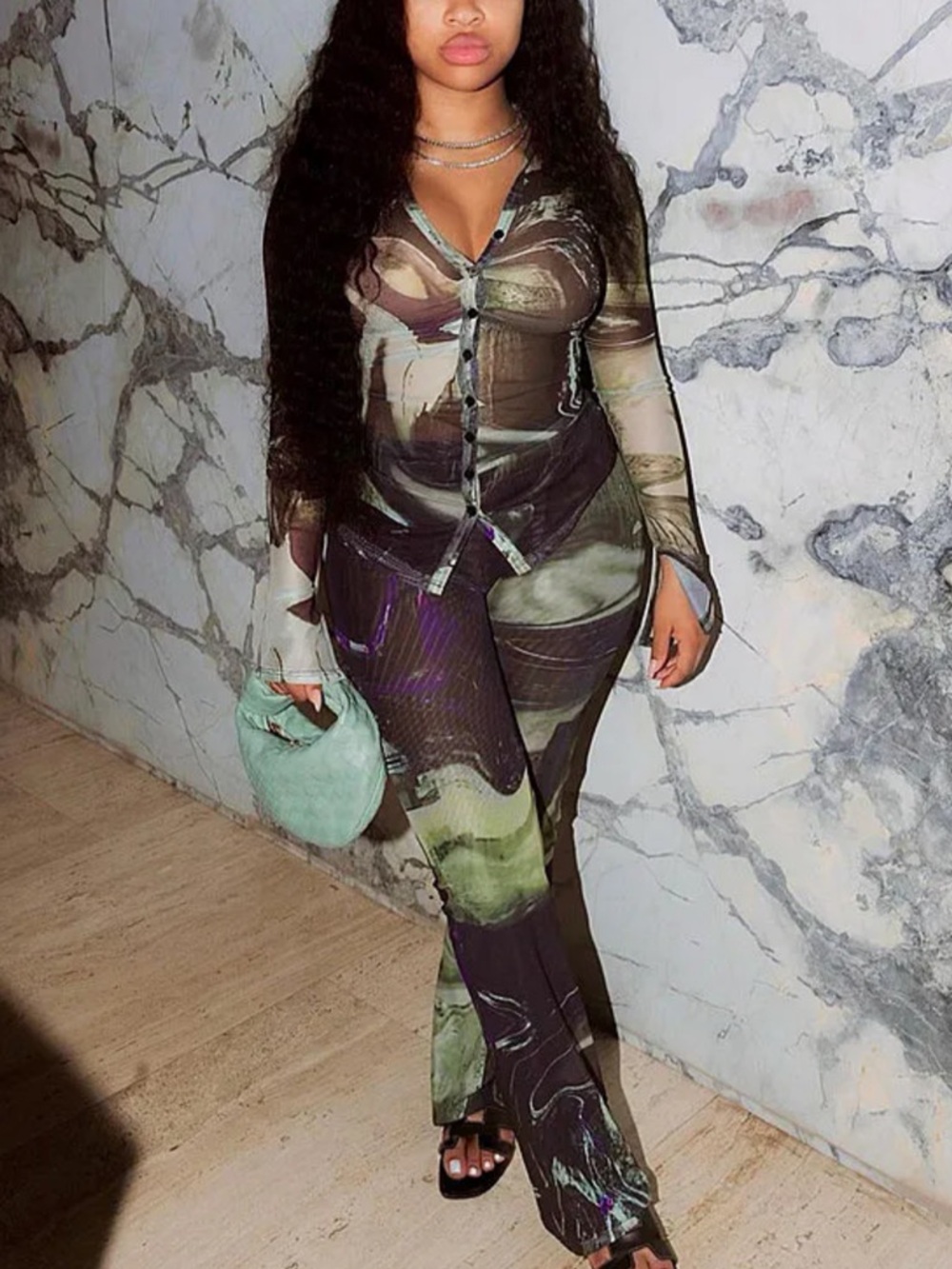 Marble Green Sheer Mesh Pant Set. Size Small